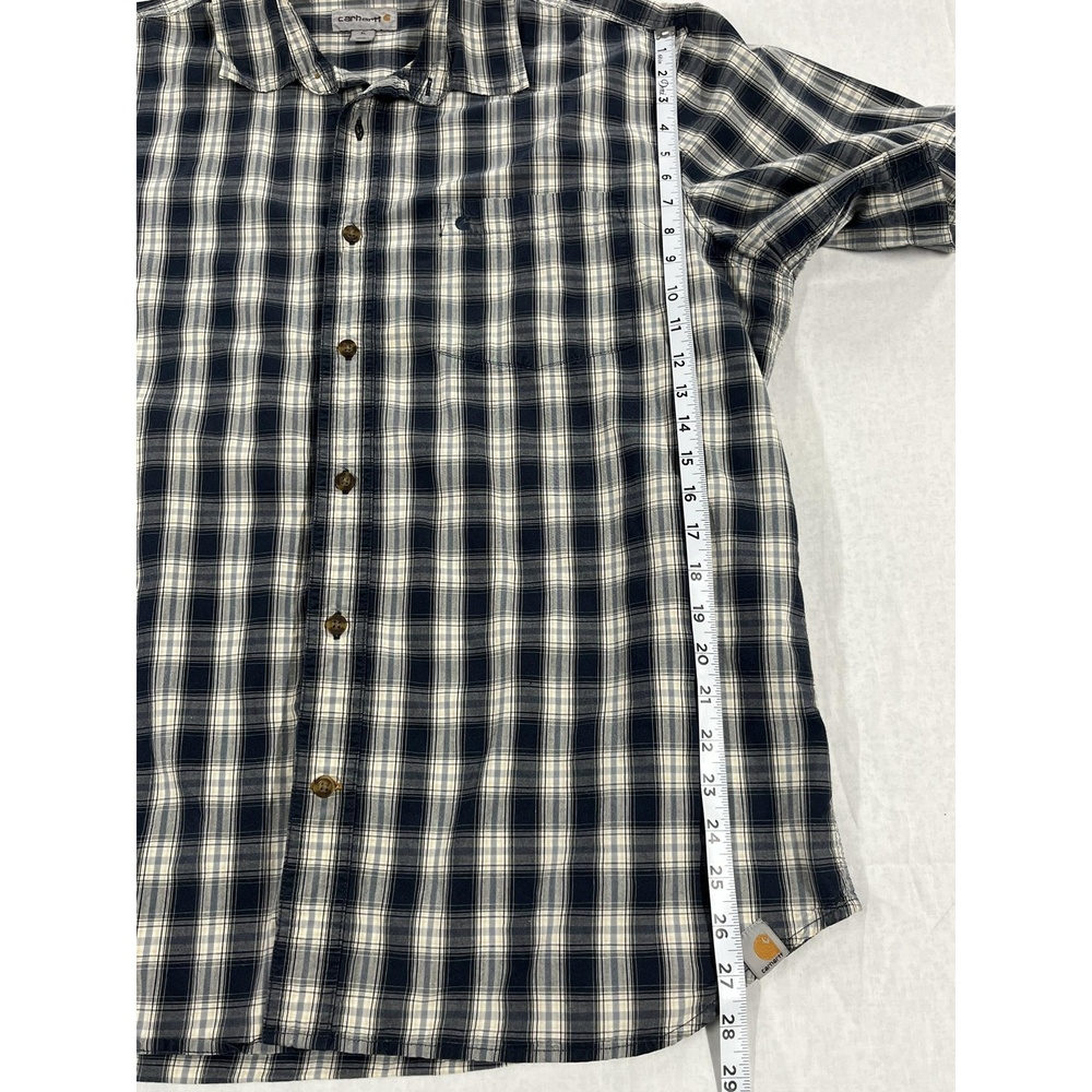 Carhartt Navy Blue White Men's Plaid Button Down Short Sleeve Cotton Shirt XL - Picture 7 of 10